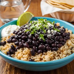 Close up of a bowl with rice black beans cilantro lime and sour cream on a wooden surface view