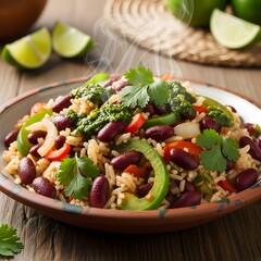 A steaming bowl of rice and beans with peppers cilantro and pesto on a wooden table with limes beside