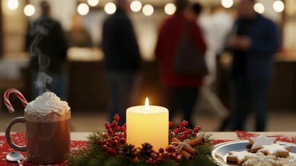 Steaming hot chocolate with whipped cream and candy cane, festive candle centerpiece, and gingerbread cookies on a holiday table with blurred people in background - Powered by Adobe