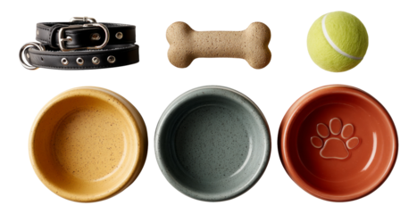 Collection of Pet Accessories Including Bowls, Toys, Collar and Bone on Isolated Background