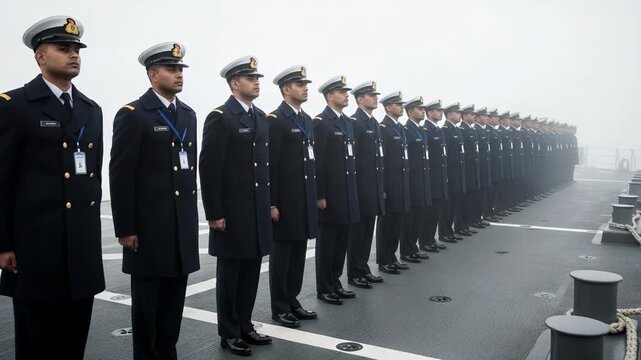 Disciplined formation of male naval officers in dark blue winter uniforms standing at attention on a ship's deck during a misty morning
