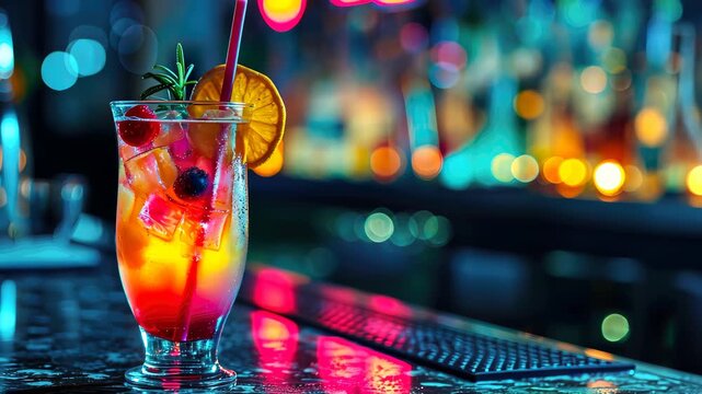 Vibrant Cocktail at Bar: A captivating cocktail is the focal point, adorned with garnishes that complement its rich flavors. The bar's ambiance sets the stage for a memorable experience.