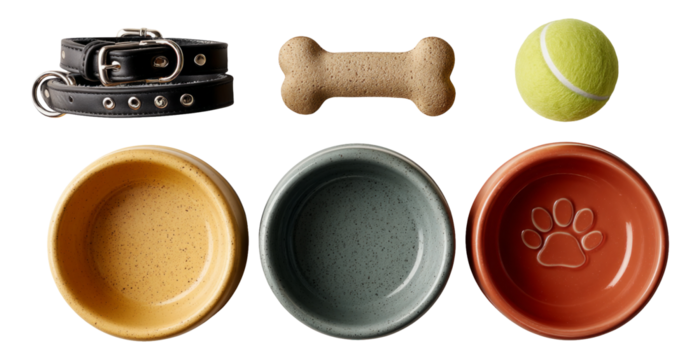 Collection of Pet Accessories Including Bowls, Toys, Collar and Bone on Isolated Background