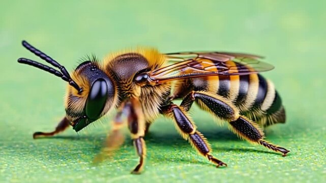 Close up of a bee with black and yellow stripes on its body on a green textured surface clearly visible bee green screen video