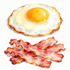 Watercolor fried egg and crispy bacon breakfast