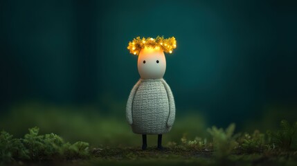 Obraz premium A whimsical figure with a glowing floral crown stands amidst lush greenery, evoking a magical and serene atmosphere.