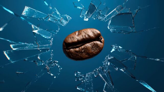 A coffee bean breaking through a glass surface.