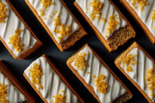 Golden glaze topped cake bars arranged on a dark surface showcasing gourmet dessert craftsmanship and inviting delectable textures highlighting artisanal baking techniques