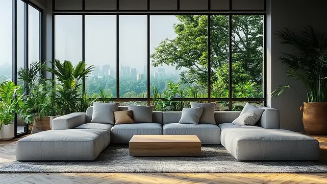 Modern living room with large windows and greenery