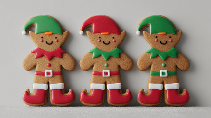 Obraz premium Cute elf-shaped gingerbread cookies decorated with green hats and red boots, festive minimal Christmas treat on plain background
