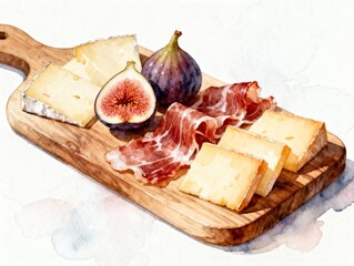 Watercolor wooden board with cheese, figs and prosciutto