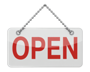 Bright 'Open' sign with red lettering and silver chain, welcoming customers to your business establishment