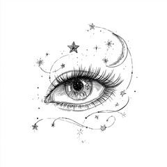 Obraz premium Mystisches Auge mit Mond und Sternen – spirituelle Line-Art Illustration Tattoo im Boho-Stil