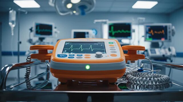 Close-up of a defibrillator machine on a metal table in a hospital operating room.