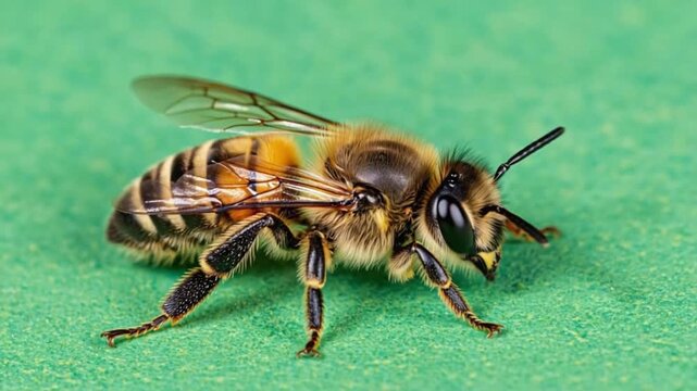 Close up view of a honey bee with striped abdomen resting on a green surface in detailed focus bee green screen video