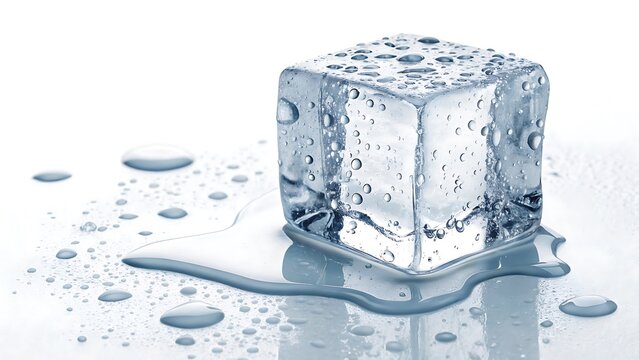 A close up shot of a melting ice cube with water droplets on a white surface in a studio setting
