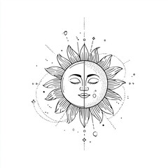 Fototapeta premium Sonne und Mond – mystische Line-Art Illustration im spirituellen Boho-Stil Tattoo