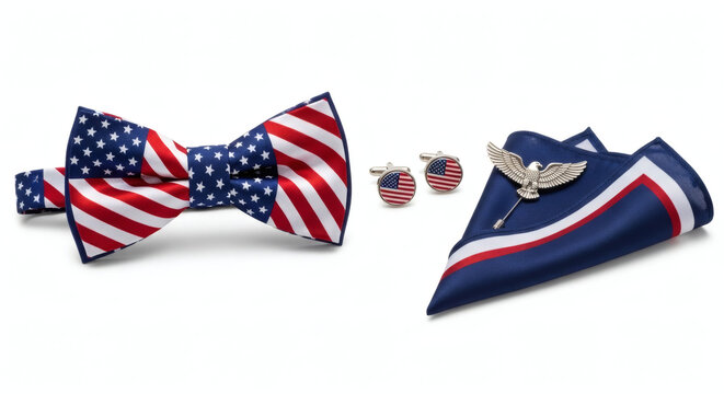 American flag themed bow tie cufflinks and pocket square arrangement