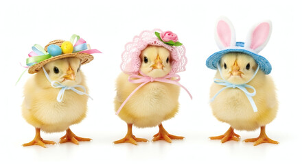 Three chicks wearing easter hats on a white background in studio shot