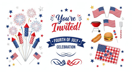 Fourth of july invitation with fireworks and patriotic decorations