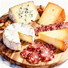 Watercolor cheese and salami board with almonds