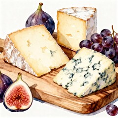 watercolor still life of cheese figs and grapes