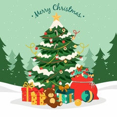 Fototapeta premium Beautiful Christmas tree decorated with ornaments, gifts, and toys in snowy landscape. Perfect festive illustration for holiday cards, banners, and winter celebration designs.