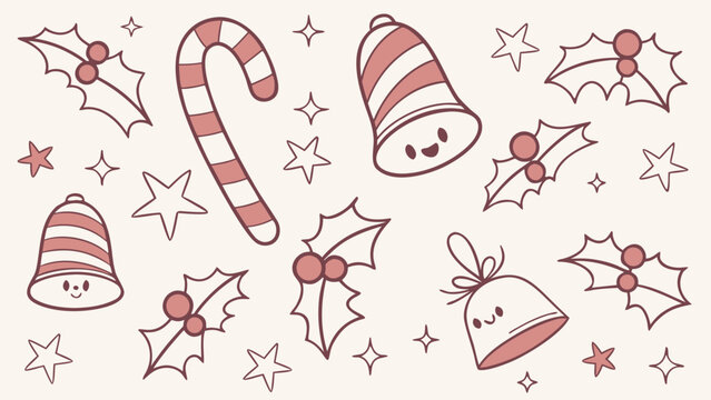 Christmas holiday vector pattern with candy cane bells holly and stars festive season design element vector