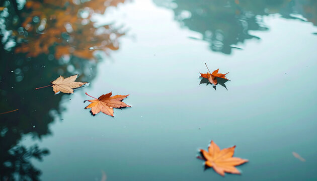静かな水面に浮かぶ紅葉の葉