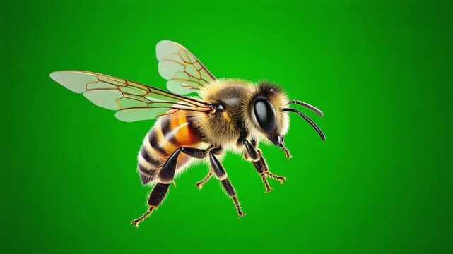 Close up of a bee in flight with translucent wings on a vibrant green background image capture bee green screen video