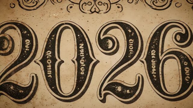 Vintage design displays the year 2026 with an aged, ornamental background