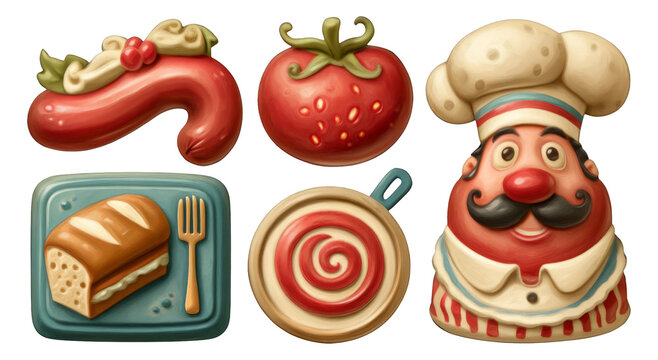 Colorful Cartoon Food Items with Chef Character Isolated on Transparent Background