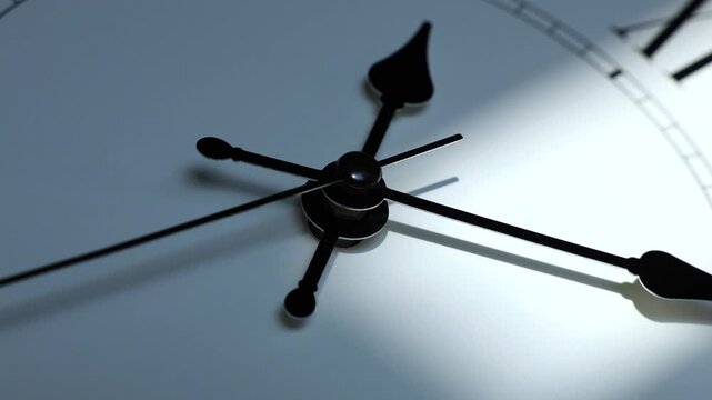Sun and sky reflecting in the watch during the time passing by. Time lapse on a modern white Clock on white.  Close up to a wall clock, with running time pointer. Wall clock show the running time. 