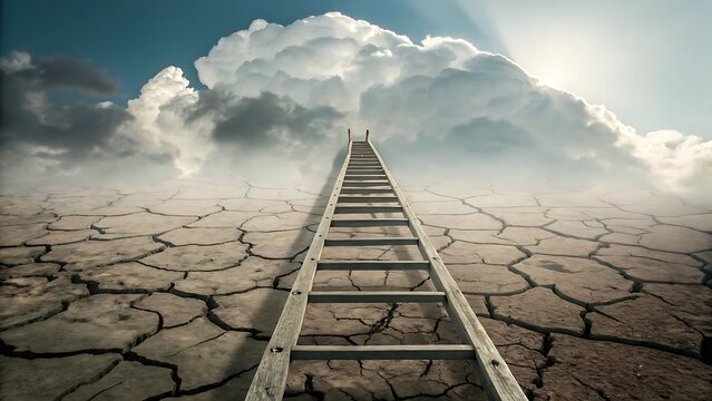 A ladder extending from a cracked earth landscape up to a cloudy sky with a glowing light source