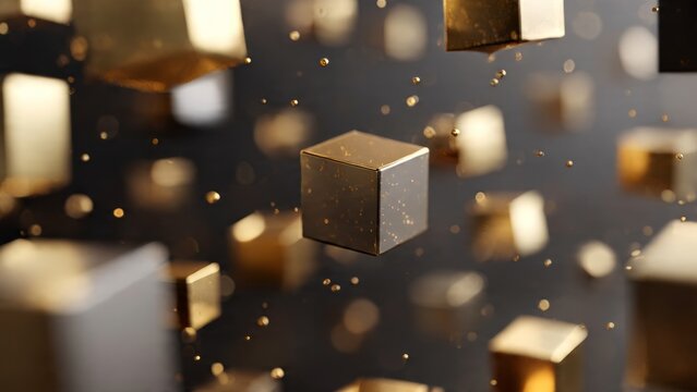 Fototapeta Luxury 3D scene with floating cubes and metallic gold highlights