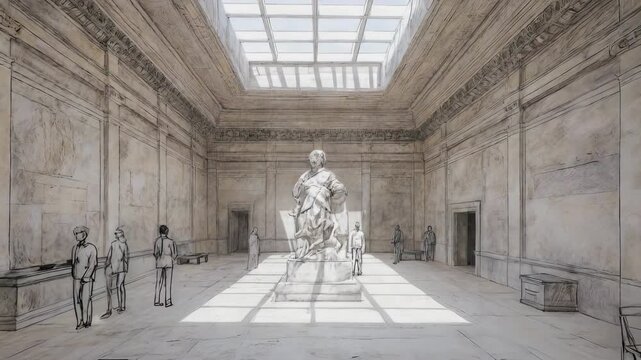 A sketch of an expansive, marble museum hall, featuring a statue and people