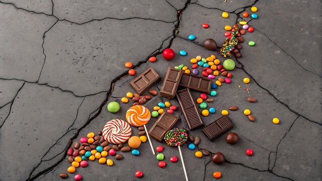 Assorted candies and chocolate bars scattered on a cracked gray surface creating a sweet display
