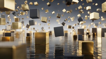Luxury 3D scene with floating cubes and metallic gold highlights
