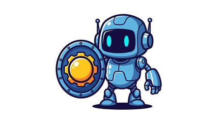 Fototapeta premium A cute blue cartoon robot character holding a large shield with a yellow gear symbol.