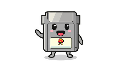 Naklejka premium A cute cartoon retro video game cartridge character waving happily.