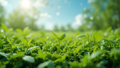 Fresh Green Leaves and Sprouts in Natural Sunlight