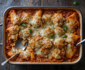 Lasagne, Italian Baked Pasta Dish with Mozzarella and Meat Sauce