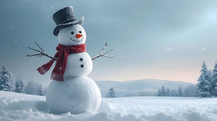 Winter Snowman with Scarf and Hat in Snowy Landscape