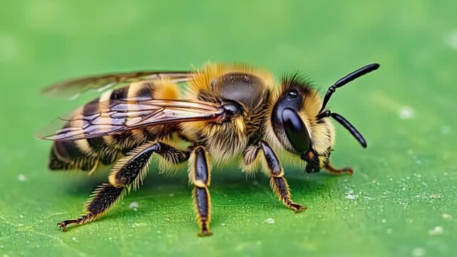 Close up of a bee with black and yellow stripes on a green leaf in a macro shot on a sunny day bee green screen video