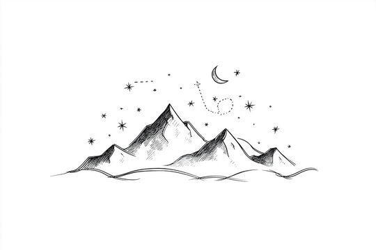 Minimalistische Berglandschaft mit Mond und Sternen &ndash; elegante Linienzeichnung im Boho-Stil