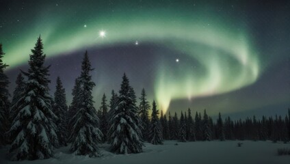 Fototapeta premium Aurora Borealis over a Snowy Forest - A Nighttime Spectacle.
