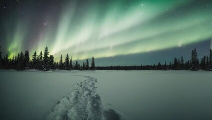 Aurora Borealis over a snowy landscape with footprints in the foreground.