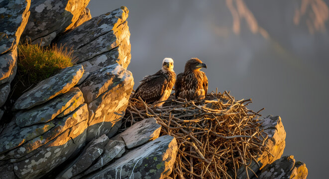 Two eagles in a large nest on a sunlit rocky cliff, with a hazy mountain background at golden hour.