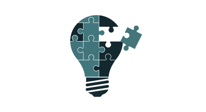 A lightbulb silhouette formed by interlocking jigsaw puzzle pieces, symbolizing ideas and problem-solving.