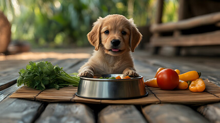 An adorable purebred golden retriever puppy with white fur sits happily in a green garden, creating a cute domestic pet portrait of a loyal canine friend